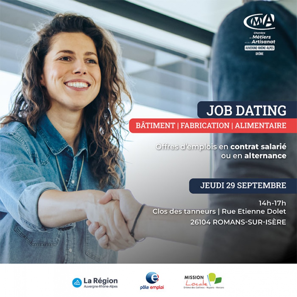 JOB DATING : Rendez-vous le 29/09 à la CMA de Romans-sur-Isère